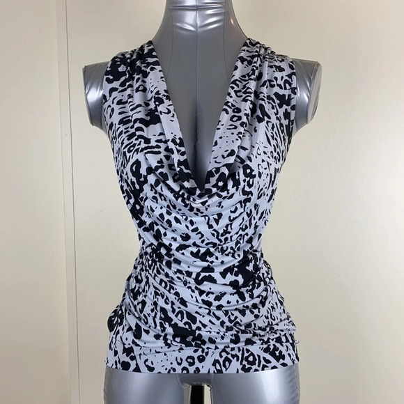 3/$15 Business casual cheetah black white cowl neck sleeveless halter sz medium - Picture 1 of 15